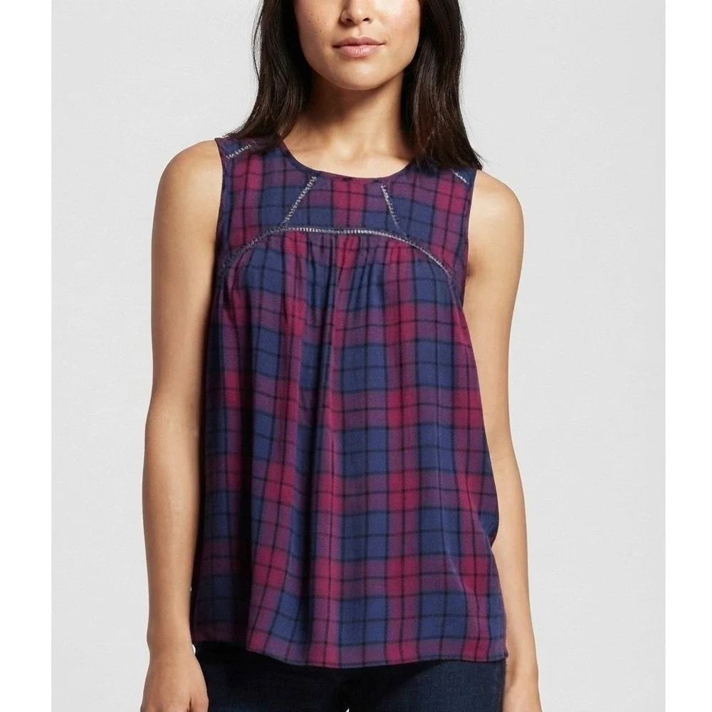 Knox Rose Purple Blue Plaid Sleeveless Crochet Trim Blouse Top Size Small - Picture 1 of 5